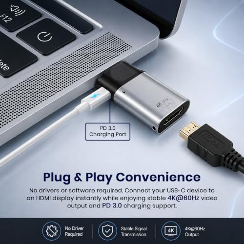 Image of HDMI to USB C Converter with PD 3.0 Charging, 2-in-1 Type-C Male to HDMI 2.0 Female Adapter, 4K@60Hz 3D Video Output Connector for MacBook, Dell XPS, Lenovo, iPad Pro, Surface, Laptop & More