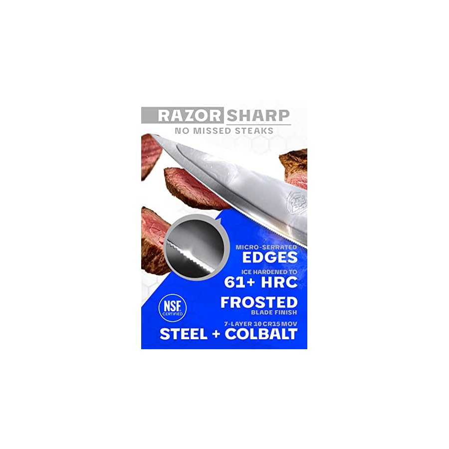 Dalstrong Steak Knife Set - 4 Piece - 4.5 inch Serrated Blade - Frost Fire Series - High Chromium 10Cr15CoMoV Steel Kitchen Knife - Frosted Sandblast - White Honeycomb Handle - NSF Certified