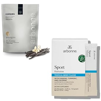 وجبة بديلة من Arbonne EssentialMeal بنكهة الفانيليا مع مسحوق إلكتروليت التوت الاستوائي المرطب الرياضي
