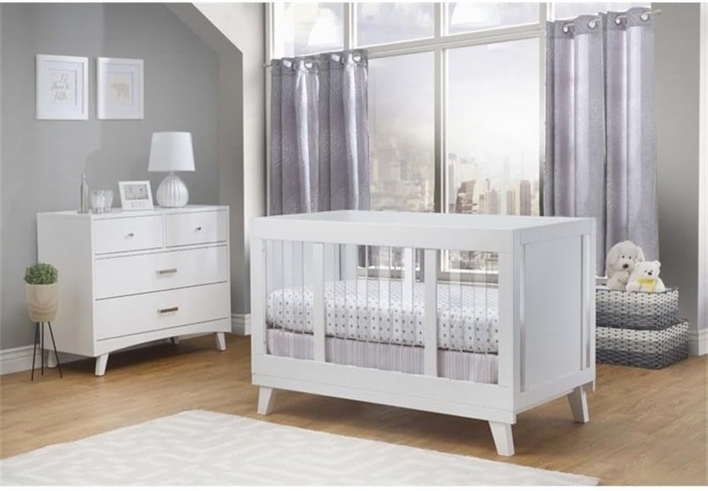Pemberly Row Modern Wood and Acrylic Crib, 54" W x 30" D x 35" H, White Finish, Convertible to Toddler Bed and Full-Size Bed, Multiple Mattress Heights, Baby Nursery Furniture