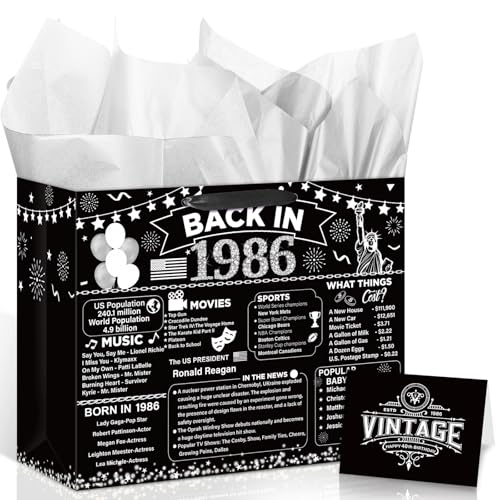 Woosytoo 40th Birthday Gifts Bag Vintage Back in 1986 Gift Bags with Greeting Card Black Silver 40th Birthday Wrapping Paper Bag for Women Man Forty 40 Year Old Bday Party Favors Supplies