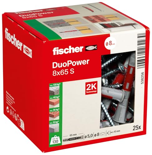 fischer DuoPower 8 x 65 S Universaldübel mit Schraube 2-Komponenten-Dübel Kunststoffdübel zur Befestigung in Beton Ziegeln Stein Gipskarton uvm. 25 Dübel + 25 Schrauben