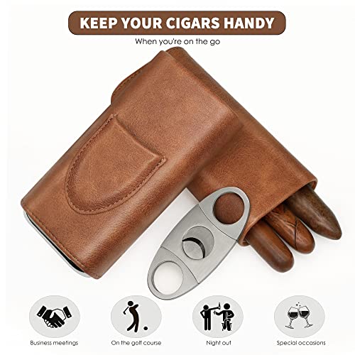 Wanbro Cigar Case, 3Pcs Holder, Cigars Travel Case, Cedar Lined, Leather Made Cigar Humidor With Stainless Cutter, Fashion Father's Day Gift For Men Dad #TOP4
