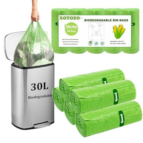 30L Biodegradable Bin Liners 100pcs - Tie Handle, 8Gallon/30 Litre Compostable Food Waste Garbage Bags Trash Caddy Liners, Recycling Degradable Rubbish Bag for Kitchen Bathroom Garden Green 60 x 74cm