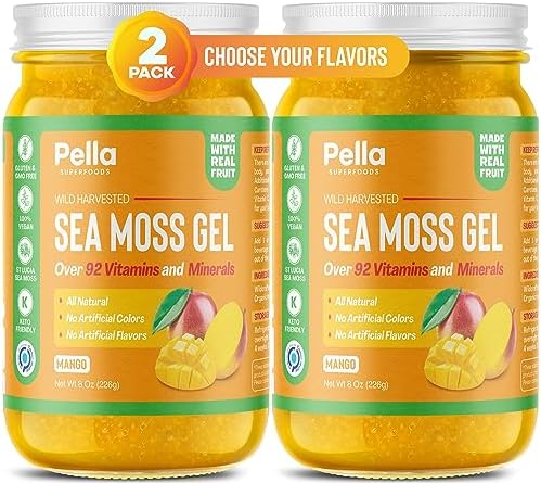 Sea Moss Gel with Fresh Fruits - 8 oz. each, Vegan, Keto, Non-GMO, Daily Vitamin Boost, Digestive Support, Immune System, Joint, and Muscle Health Aid, Gluten-Free (2 x 8oz Jars, Mango)