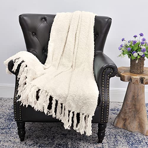 Home Soft Things White Fluffy Knitted Woven Throw Blanket, 50'' X 60'', Antique White, Lightweight Soft Cozy Comfy Decorative Throw Blanket For Couch Sofa Outdoor Indoor #TOP7