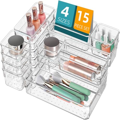 Poerlve Drawer Organizer, Makeup Organizer, Desk Drawer Organizer, Acrylic Storage Bins for Makeup, Skincare, Jewelry, Office Supplies Used in Vanity, Kitchen, Bedroom, Bathroom, Office - 15pcs