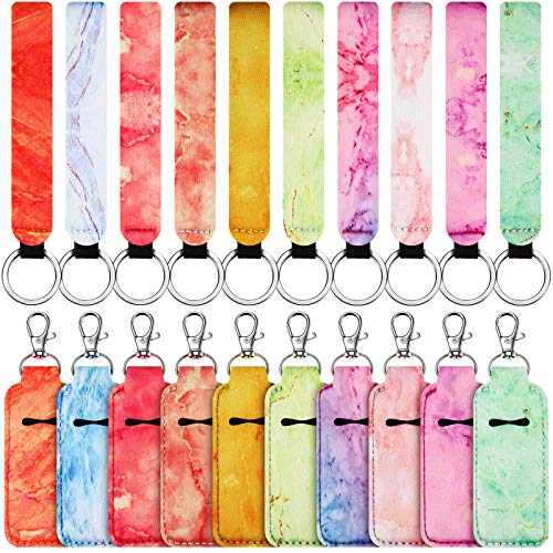 20 Pieces Marble Chapstick Holder Keychain with Lock and Lanyard Wristlet Set, Includes 10 Lipstick Holder Keychain Clip-on Sleeve Chapstick Holder and 10 Lanyards for Women Girls Travel Accessories