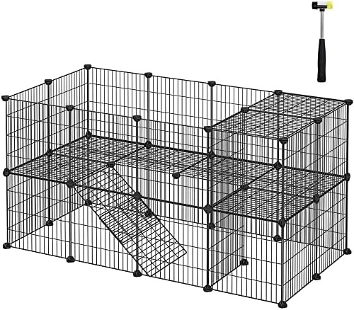 SONGMICS Pet Playpen, Small Animal Playpen, Two-Story Pet Premium Villa with Ramp, DIY Metal Wire Fence for Ferret, Rabbits, Pet rat, puppy, Indoor Use, Black ULPI02H