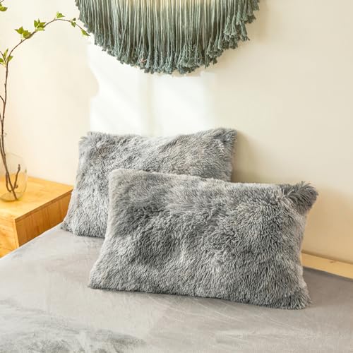 Plush Fluffy Tie Dye Dark Gray Comforter Cover Queen Set – Faux Fur Plush Tie Dye Dark Gray Bedding 3-Piece Set (1 Duvet Cover + 2 Furry Pillow Shams) Cozy Bed Set