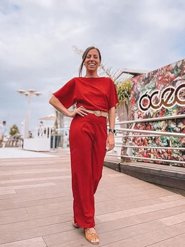 Dokotoo Womens Plus Size Crew Neck Long Sleeve Belted Wide Leg Playsuits Keyhole Apricot Jumpsuit Dressy Formal X-Large #TOP2