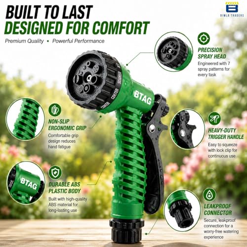 Image of Btag 7-Pattern Garden Spray Gun Hose Nozzle with Adjustable Trigger Handle, Water Spray Nozzle for Car Wash, Lawn & Garden Watering - with Orange Connector (SPRAY001 Green)