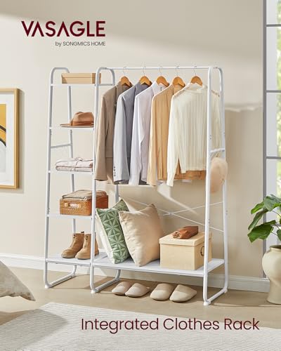 VASAGLE Clothes Rail, Clothes Rack with Shoe Shelf, 5-Tier Storage Rack, 6 Side Hooks, for Bedroom, Living Room, Cloud White and Matte White RGR116W02 - Image 3