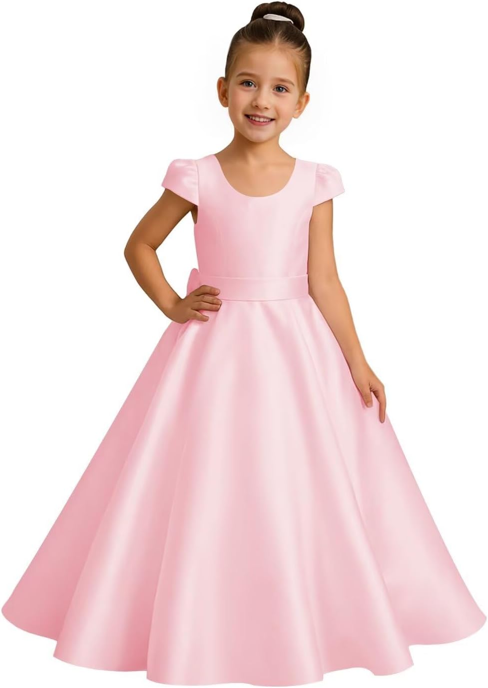Crew Neck Flower Girl Dresses for Wedding Cap Sleeves Bow-Knot Silk Satin Princess Pageant Dress for Girls