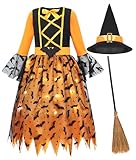 Das Hexenkostüm Kinder, das wir für Mädchen entworfen haben, besteht aus einem Hut, einem Hexenkleid mit leuchtendem Saum und einem Hexenbesen.