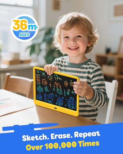 Image of TEKFUN 12 Inch LCD Writing Tablet for Kids, Coloring Drawing Pad, Mess Free Doodle Board, Airplane Travel Toys for Boys and Toddlers, Road Trip Essentials, Gifts for 3-8 Year Old Girls (Yellow)