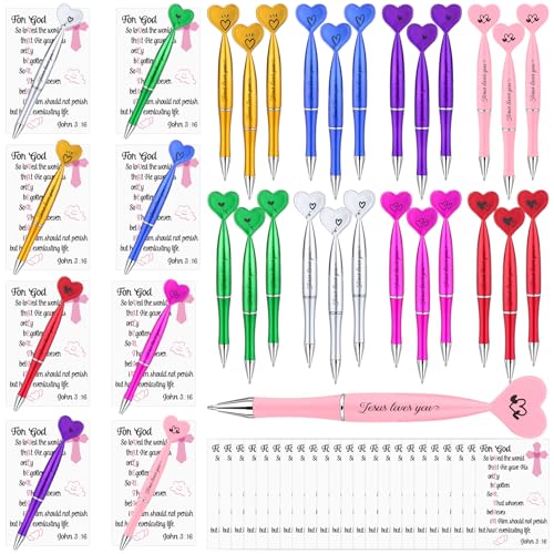 Imagen de Haishell Juego de 24 bolígrafos cristianos de San Valentín con forma de corazón con tarjeta de versículo de la Biblia
