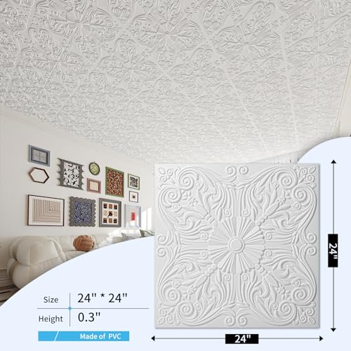 Image of Art3d Spanish Floral Drop Ceiling Tiles, 24 x 24 in, 12-Pack, Matt White