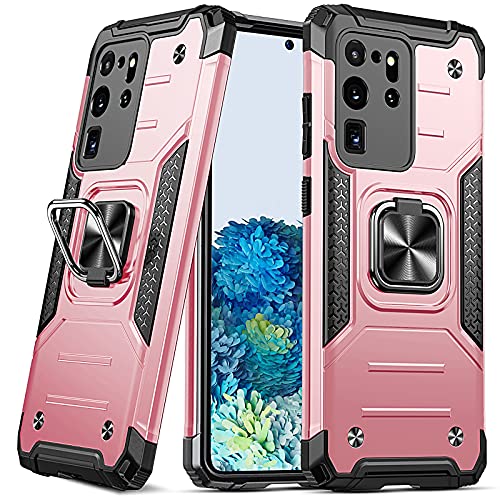 Anqrp Heavy Duty Case for Samsung Galaxy S20 Ultra Case with Enhanced Ring Holder Grip Stand, Military Grade Shockproof Rugged Drop Protective Silicone Hard S20 Ultra Phone Case Cover,Rose Gold