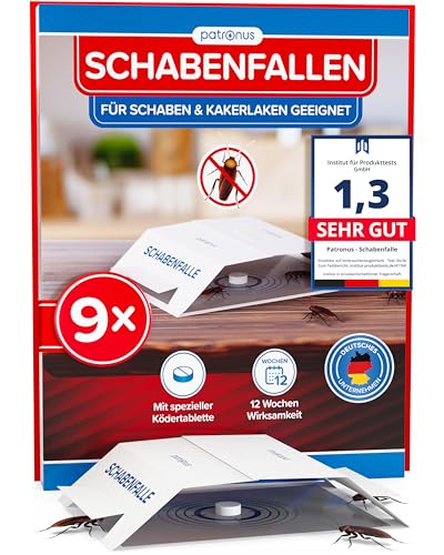 Patronus Schabenfalle [9 Stück] mit effektiven & giftfreien Ködertabletten, Starke Monitoring-Klebefalle, Kakerlakenfalle zur Befallsermittlung von Küchen-Schaben & Kakerlaken in Allen Wohnräumen