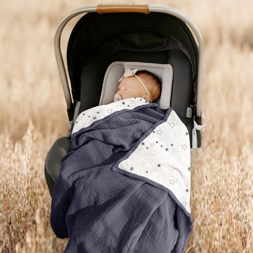 Image of lulumoon Muslin Baby Blanket for Boys - Soft Cotton Receiving Blanket for Infant - 4 Layer Reversible Breathable Crib Bedding for Stroller and Nursery 47 inchx47 inch (Blue Star)