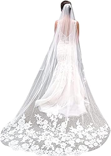 Salliy Capa velo de novia bordado de velo de novia con borde de encaje para novia con peine longitud catedral accesorios para el cabello blanco