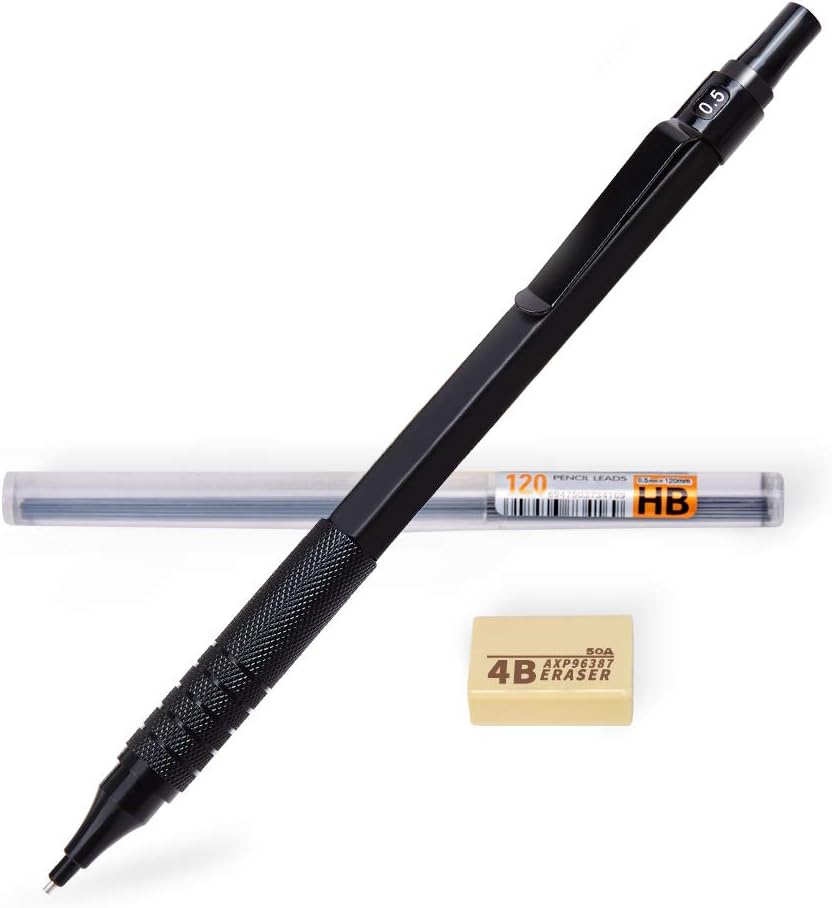 Jimmidda 0.5 mm Mechanical Pencils Set, Metal Automatic Drafting Pencil metal machanicle pencils Metal Mechanical Pencil With0.5 HB Pencil Leads Erasers For Writing Draft, Drawing, Sketch.Come-Black