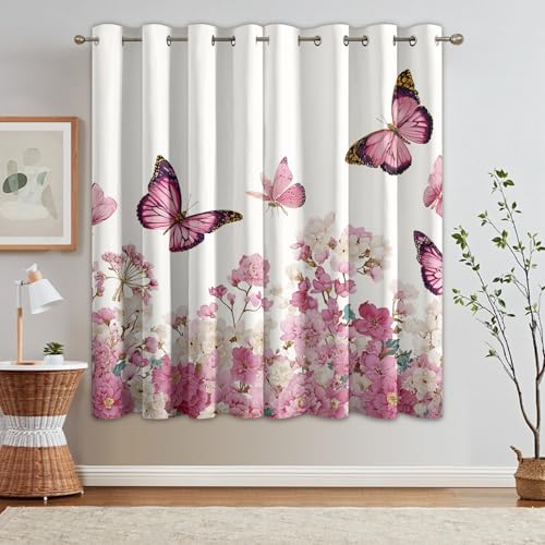 Image of Butterfly Curtains Blackout for Home Decor, Thermal Curtains Pink Floral Butterflies Pattern, Living Room & Bedroom Eyelet Drapes 54 Inch Drop, 46x54, 2 Panels C&140