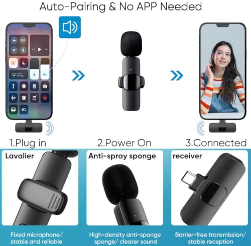 Image of K-8 Wireless Microphone, Collar Microphone for Type-C Android & iOS Noise Canceling Mic for Reels, Makeup Videos, Vlogging, Clip-On for YouTube, Singing, Video Recording, Podcasting