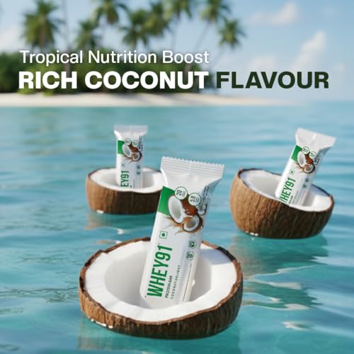 Image of Whey91 Coconut Delight Protein Bar, 20g Protein & 5.8g Fiber in each, No Added Preservatives, No Artificial Flavours, 390g- (Pack of 18)