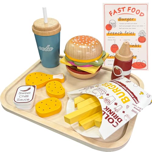 Acelane Accessori per la cucina dei bambini, in legno, per bambini, set di giocattoli alimentari, fast food hamburger, patatine fritte, accessori per il negozio, per ragazzi e ragazze dai 3
