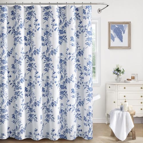 XOGUIBO Blue Floral Shower Curtain,Vintage Cotton Cottagecore Shower Curtains for