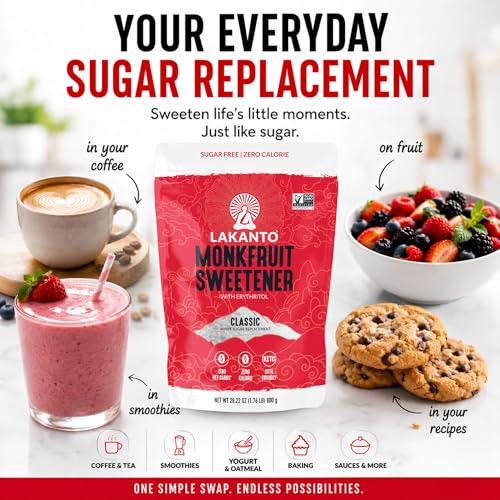 Image of Lakanto Monk Fruit Sweetener with Erythritol, White Sugar Substitute, Monkfruit Extract, Classic White Sugar Replacement for Coffee, Tea, Baking, Gluten Free, Low Carb, Non GMO, Keto, 1.76 Lb