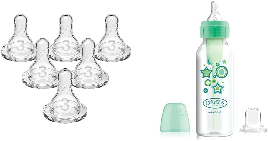 Dr. Brown's Natural Flow Level 3 Narrow Baby Bottle Silicone Nipple 6 Pack and Anti-Colic Options+ Narrow Sippy Bottle Starter Kit with Level 3 Nipple and Sippy Spout, Green