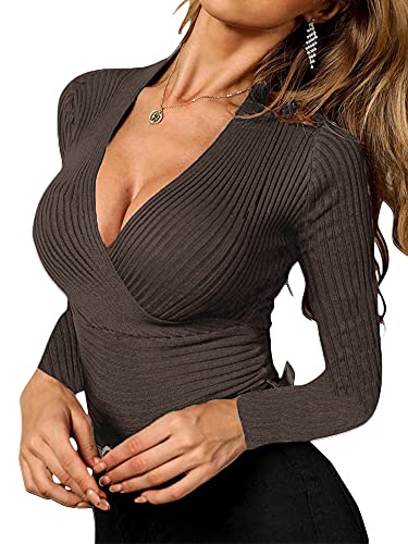 Fangetey Womens Deep V Neck Sexy Wrap Sweater Long Sleeve Slim-Fitted Knitted Jumper Top2