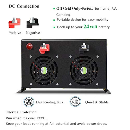 Reliable 6000W Continuous Power Heavy Duty Pure Sine Wave Power Inverter DC 24V to AC 110V 120V with 4 AC Outlets 50Amps Hardwire Terminal and LED Display for RV Car Solar System Emergency