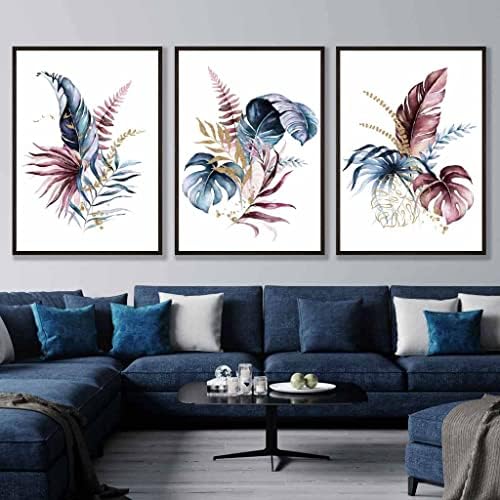 Artze Wall Art Tropical Leaves Wall Art Prints 3Piece Set, 40 cm Width x 50 cm Height, Teal