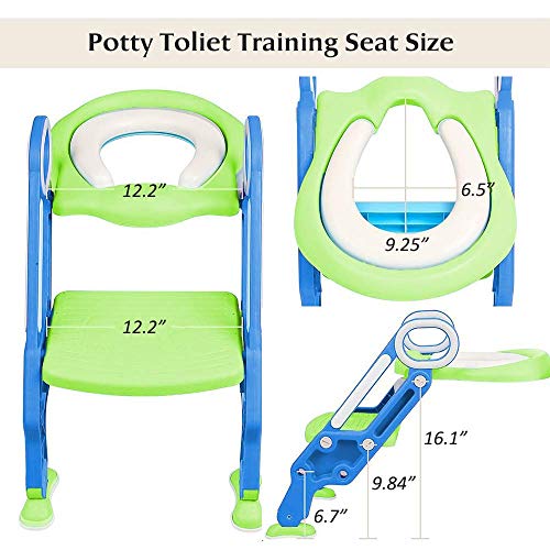 Potty Training Toilet Seat With Step Stool Ladder For Kids And Baby Adjustable Toddler Toilet Training Seat With Soft Not-Cold Padded Seat Safe Handles And Non-Slip Wide Steps, Blue Green For Kids #TOP2