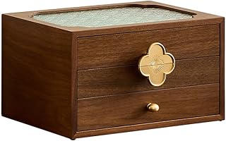 手作りブラックウォールナット木製ジュエリーオーガナイザー ガラス蓋 引き出し付き 引き出し付き - 女性に最適 (引き出し3個)