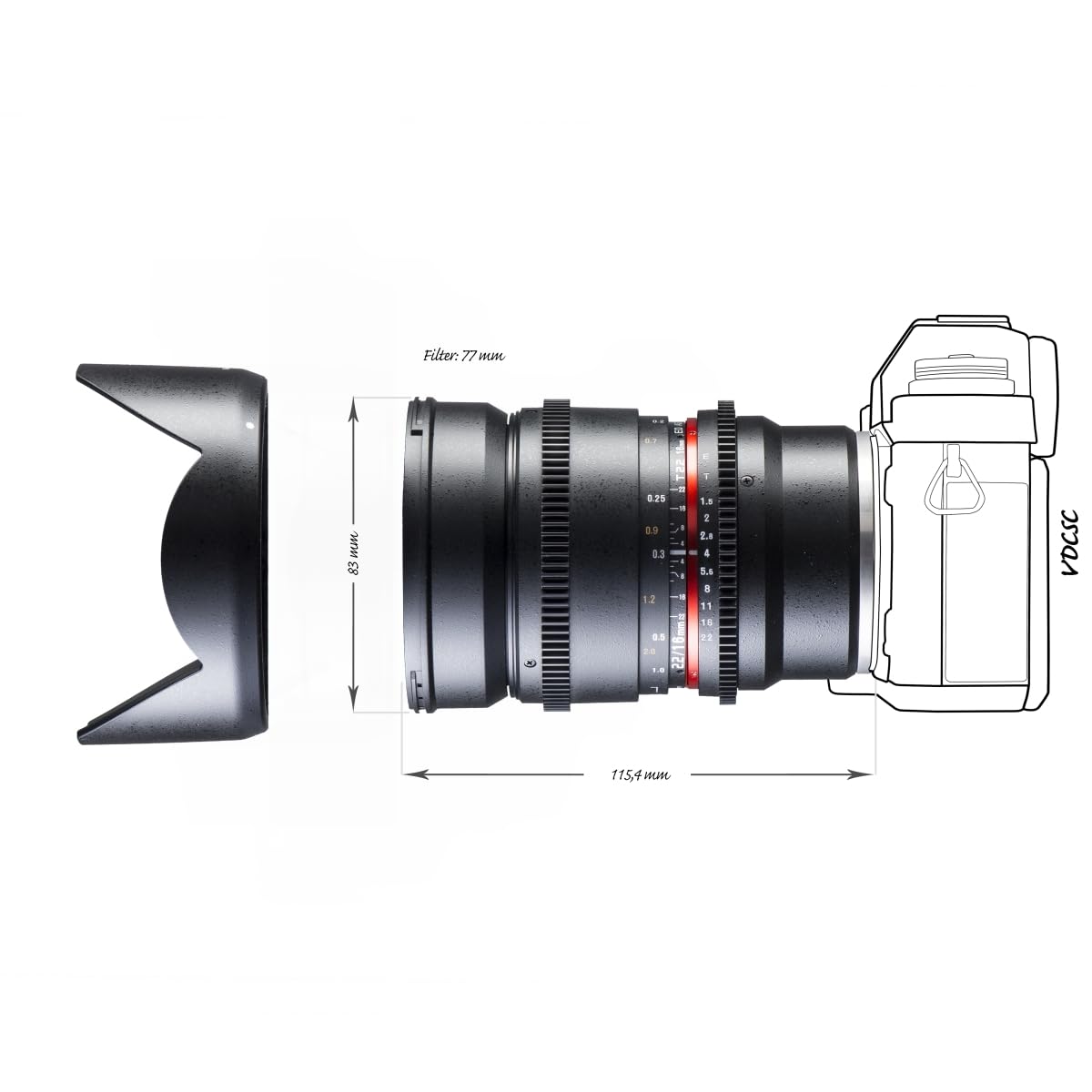 Walimex pro Obiettivo grandangolare video e foto 16mm 1:2.2 VCSC (filettatura filtro 77mm, paraluce, ghiera ingranaggi, apertura e messa a fuoco stepless) compatibile con baionetta Sony E nero
