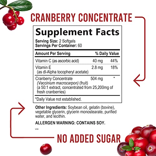 Cranberry Supplement Pills + Extra Strength Vitamin C & E, 25,200Mg Formula Supports Urinary Tract Health Non-Gmo And Gluten Free Nature's Cranberry Pill Supplement - 120 Softgels #TOP1
