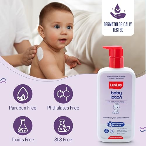 Image of LuvLap Baby Lotion with Milk Protein - 400ml, Gentle Daily Lotion for Face & Body, 24 Hour Protection for Sensitive Skin, Ph 5.5, Shea Butter and VIT E, Paraben Free, Dermatologically Tested