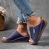 Wedge Sandals for Women Arch Support Breathable Summer Orthotic Leather Platform Wedge Sandals Damping Sole Stretch Lightweight Heels Sandals Beach Fashionable Walking Shoes (Dark Blue, 6.5)