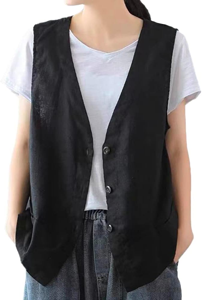 IDEALSANXUN Womens Cotton Linen Vest Casual Sleeveless Blazer