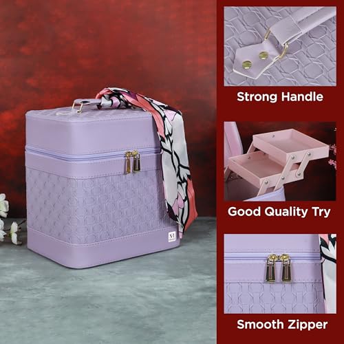 Image of NFI essentials Cosmetic Storage Makeup Bag for Womens Train Case Travel Pouch Organizer Brush Holder Artist Vanity Bridal Trousseau Box for Girls with Silk Scarf Accent