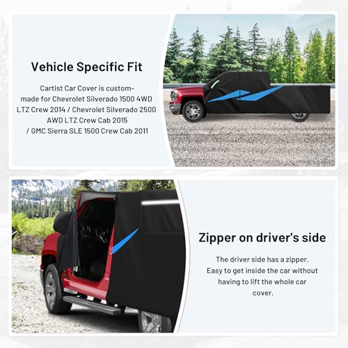 Image of 420D Car Cover Fits for RAM 1500 Limited Crew Cab 2019 /Silverado 2500 AWD 2015 /Sierra 1500 2011All Weather Truck Car Covers with Zipper Door & Reflective Safety Strips,Sun Rain Snow Dust Uv Protection