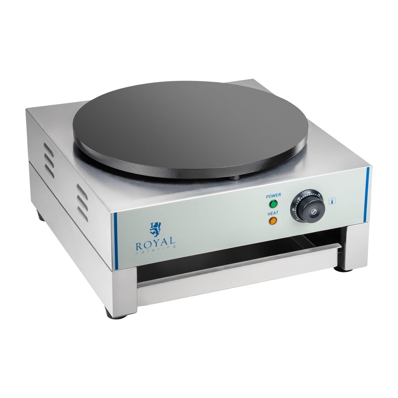 Royal Catering RCEC-3000-E Crepes Maker Crepeseisen (Ø 40 cm, 3.000 W, Gusseisen mit Emaillebeschichtung, Edelstahl, herausziehbares Fach + Teigverteiler)
