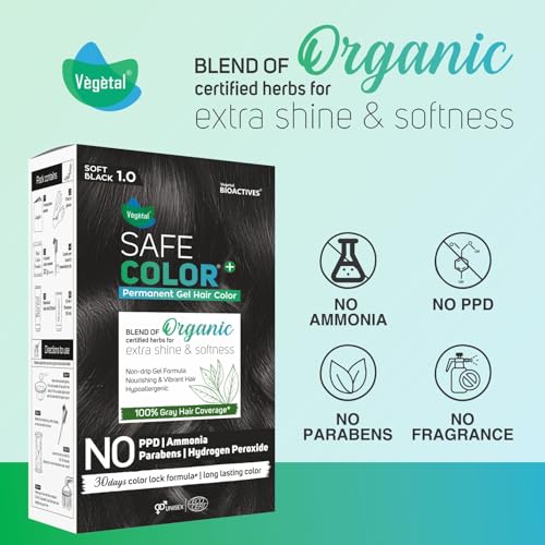 Image of Vegetal Safe Color+ Permanent Gel Hair Colour, Soft Black 1.0, 70ml (Pack of 2) - Chemical-Free with Organic Herbs