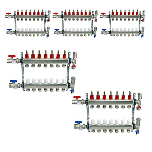 Image of Midline Valve NQT107-5 PEX Manifold 1 /2 in. for Radiant Heating System; with Valves, Vents, Gauges, and Mounting Brackets; Stainless Steel; 7 Port (5 Pack)