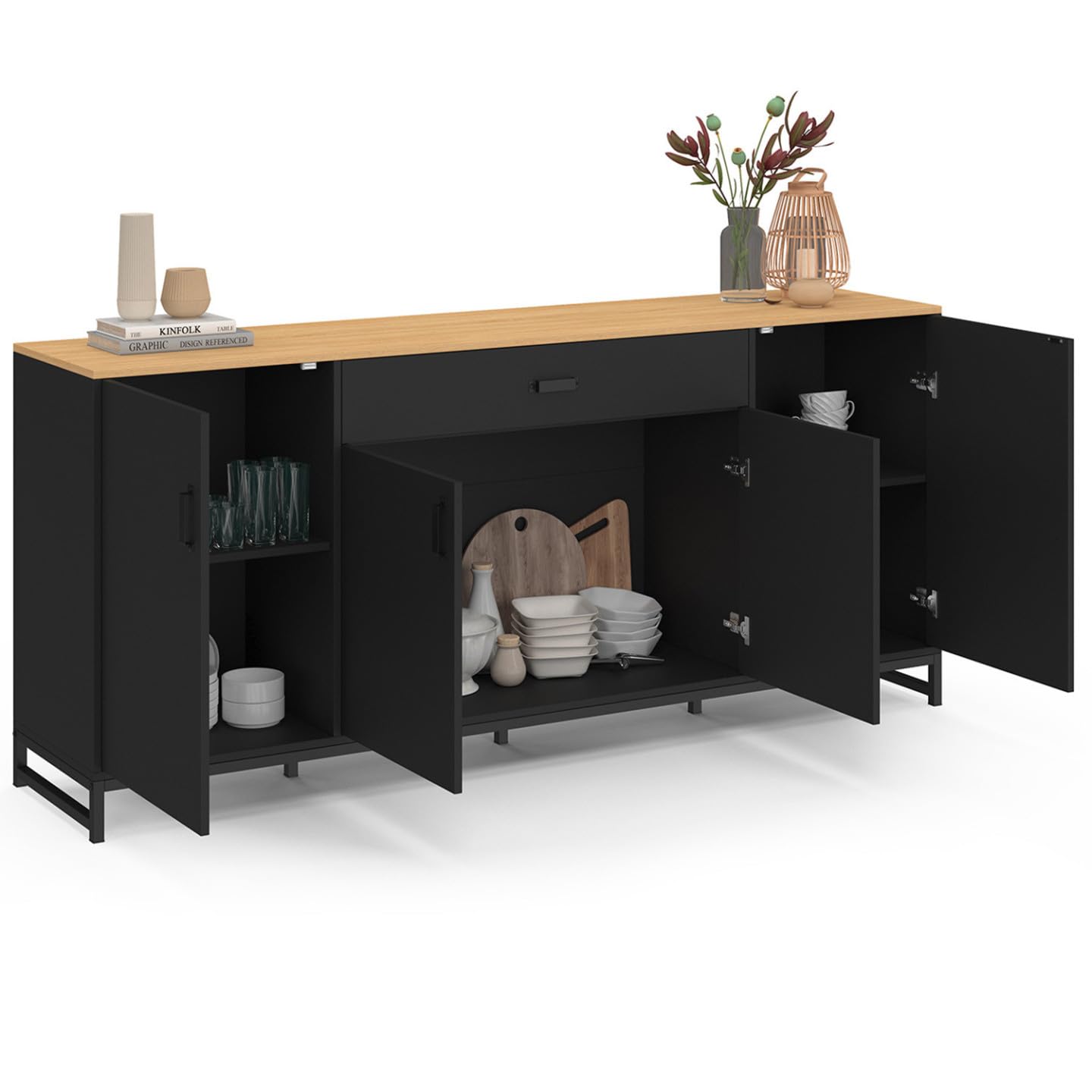 IDMarket - Aparador Washington XXL de 180 cm con 4 puertas y 1 cajón, madera y negro